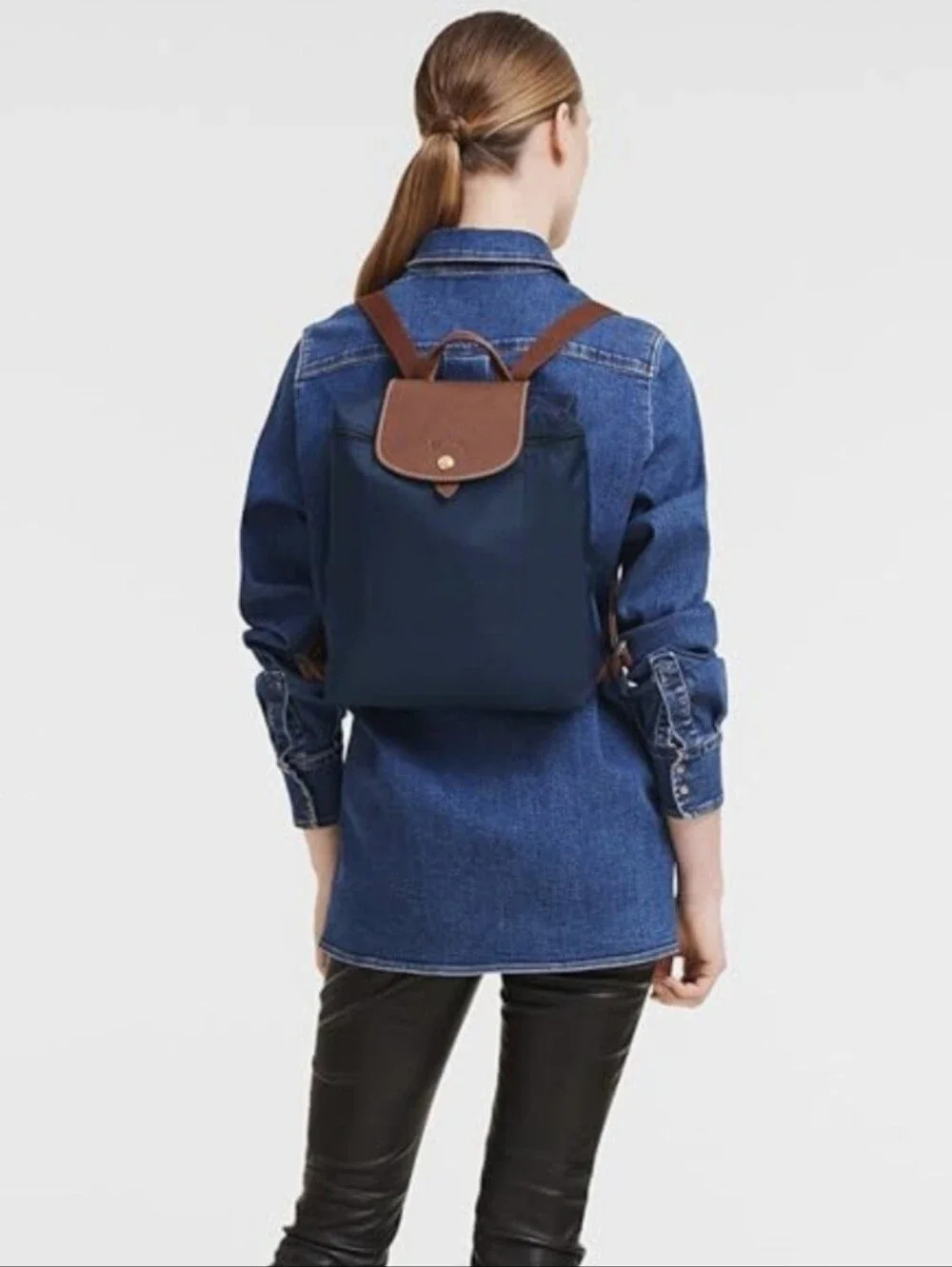 Longchamp Brown & Navy Nylon Backpack with Leather Flap - Picture 5 of 8